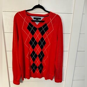 TOMMY HILFIGER L Argyle orange Men Vneck ruched long 100% cotton pullover Preppy